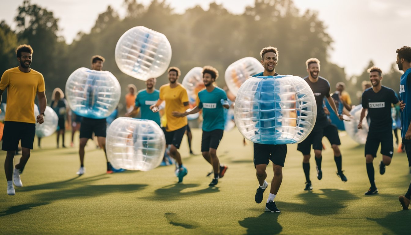 A group of people play bubble football on a grass field, surrounded by cheering spectators and colorful branding banners