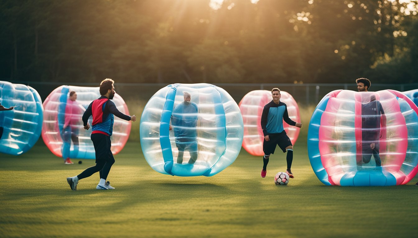 A group of people playing bubble football on a grassy field, with colorful bubble suits and a large inflatable soccer ball