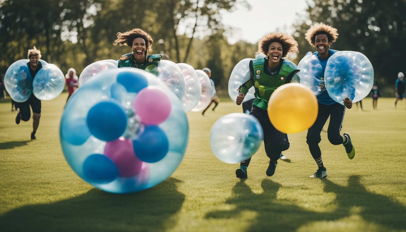 A group of people wearing colorful and creative costumes, playing bubble football in a grassy field, with laughter and excitement filling the air