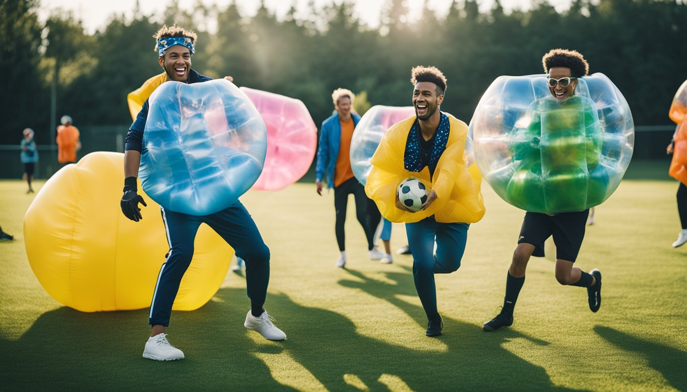 A group of people wearing colorful and exaggerated costumes play bubble football on a grassy field, laughing and bumping into each other