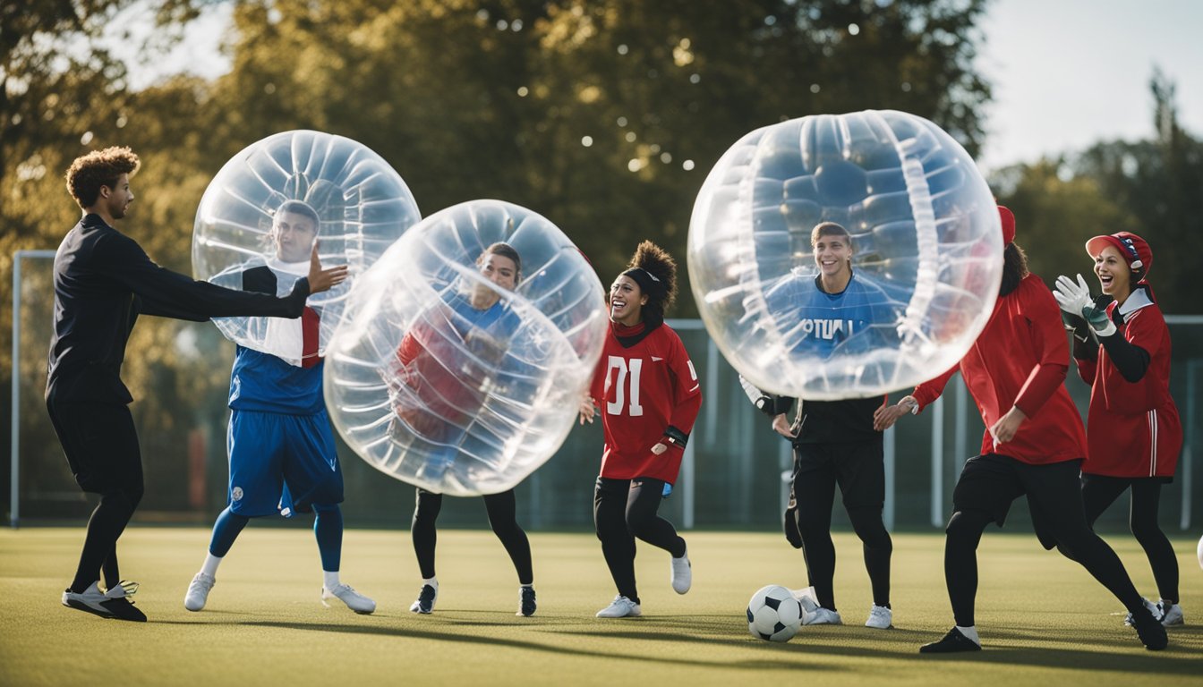 A group of people playing bubble football in various costumes, with question marks floating above their heads