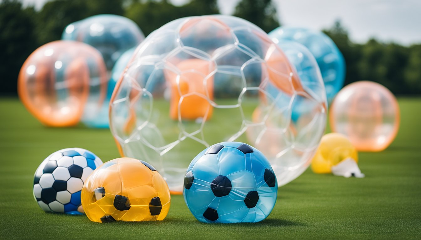 A group of colorful bubble football kits and accessories scattered on a grassy field, including inflated bubbles, goalposts, and protective gear