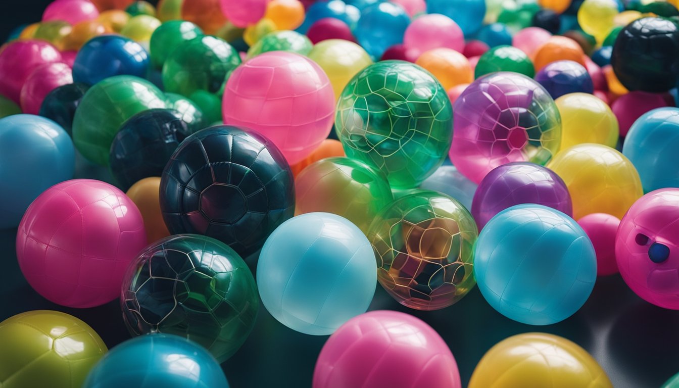 A group of colorful and durable bubble football accessories arranged neatly on a table, including harnesses, straps, and protective padding