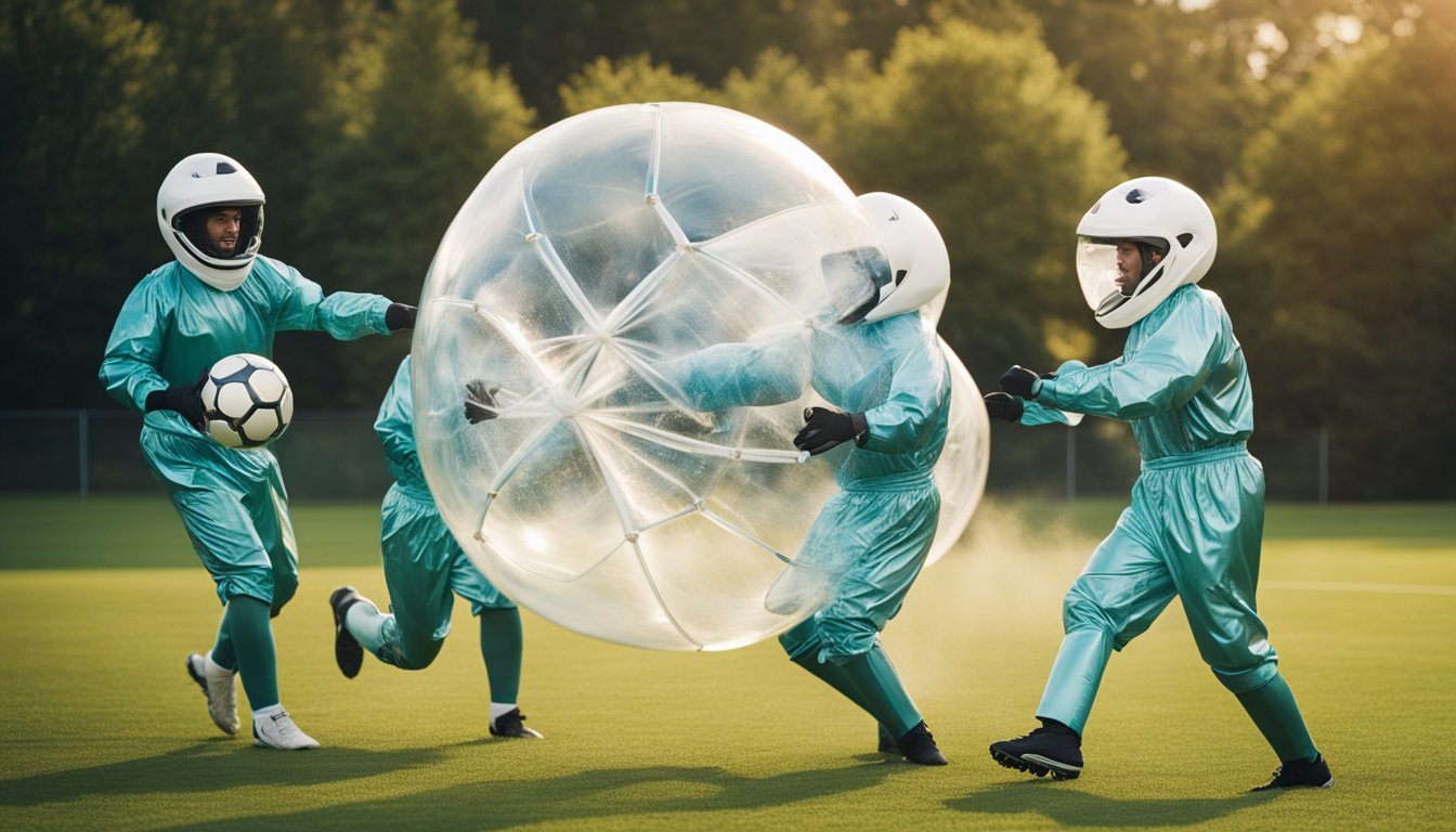 Players in bubble suits collide and bounce on a grassy field, trying to control a soccer ball. Laughter and cheers fill the air