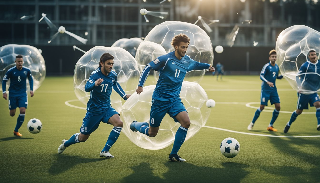 Players colliding in bubble suits on a soccer field, with arrows and diagrams illustrating the physics principles at play