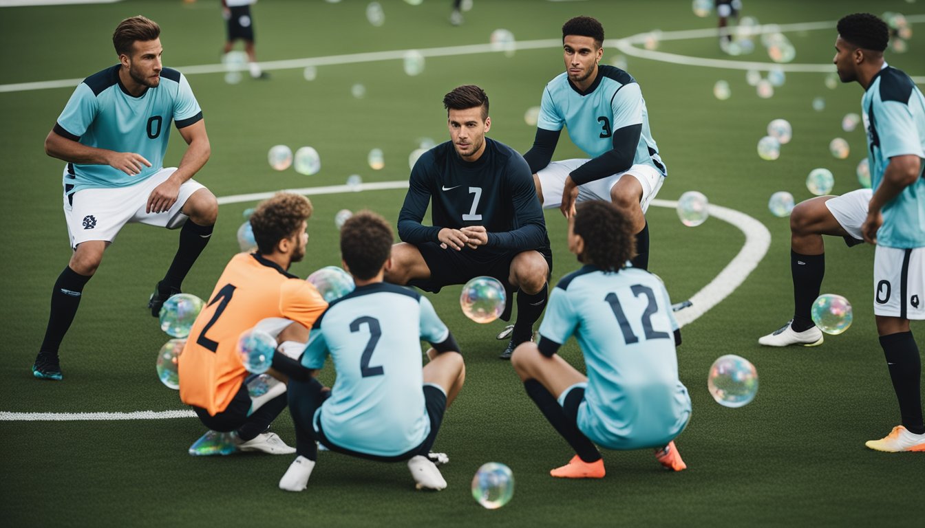 A group of players strategizing on a soccer field, surrounded by transparent bubbles. They discuss tactics and rules for bubble football