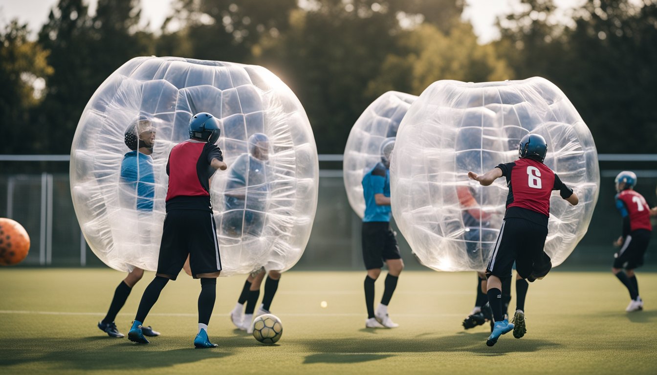 Players in bubble football bump into each other, laugh, and work together to score goals, building camaraderie and teamwork