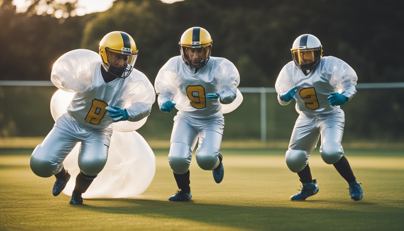 A group of people in bubble suits playing football, colliding and bouncing off each other in a fun and energetic game