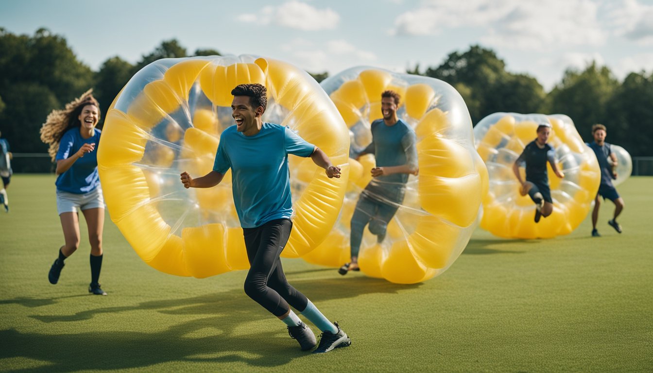 A group of people of various ages playing bubble football in a large open field, laughing and colliding with each other inside inflatable bubbles