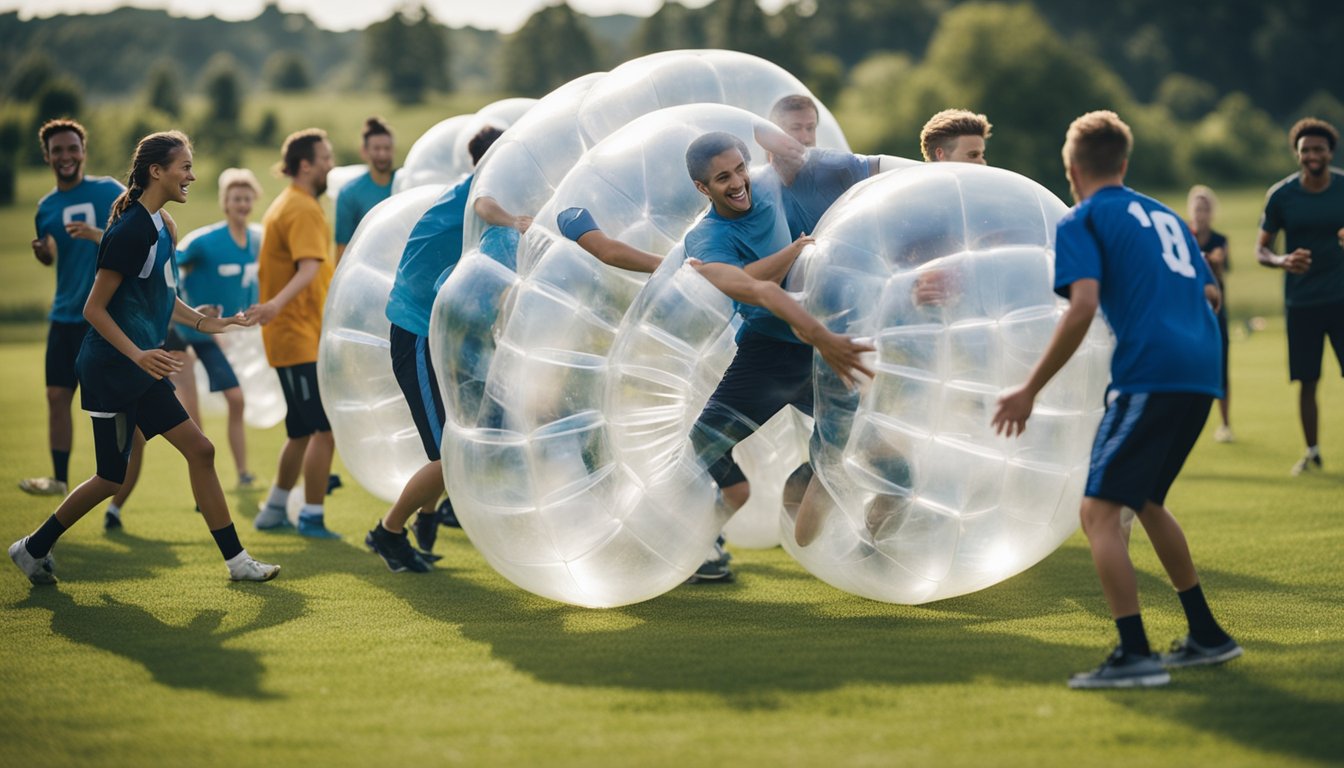 A group of people of all ages play bubble football in a grassy field, laughing and colliding in their inflatable bubbles