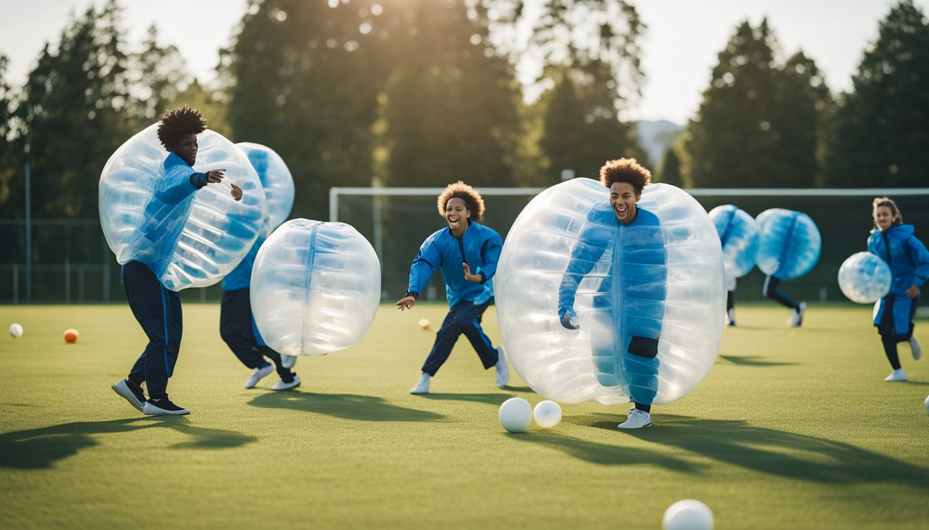 A group of students wearing bubble suits play a game of bubble football on a school field, with colorful cones marking the boundaries of the playing area