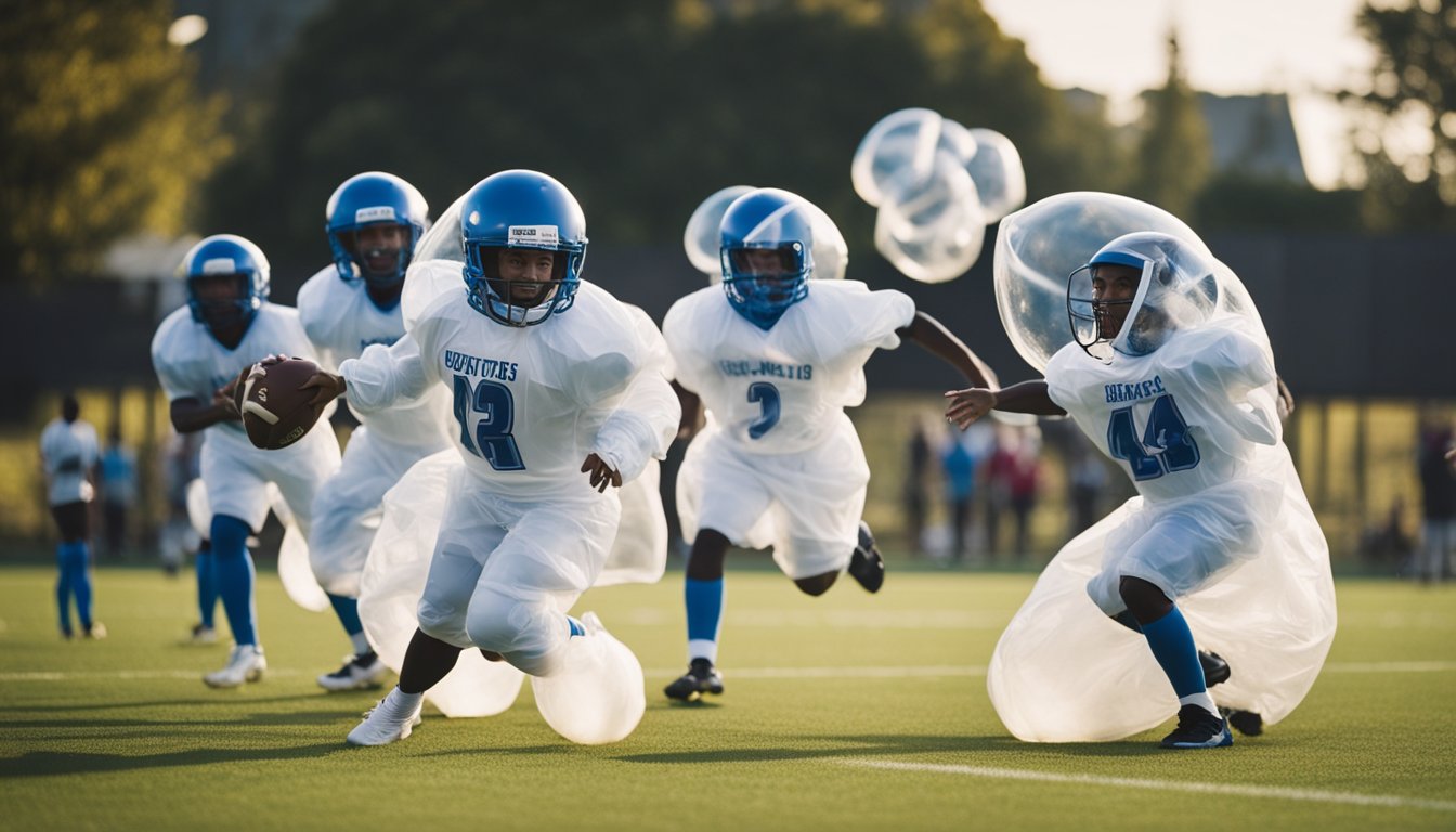 Players in bubble suits play football on a school field, bouncing off each other and laughing. Coaches oversee the fun, ensuring safety and fair play