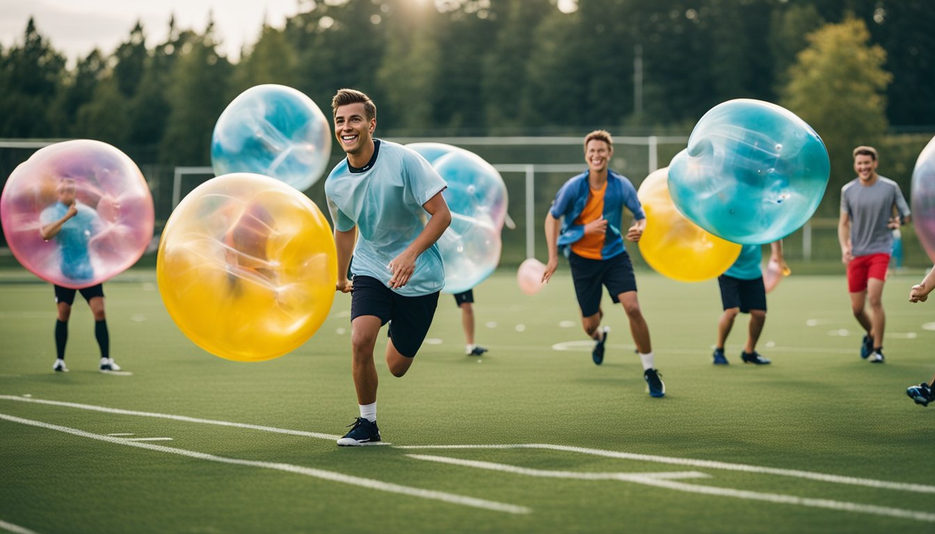 A group of students playing bubble football on a school sports field, with colorful bubbles and laughter filling the air