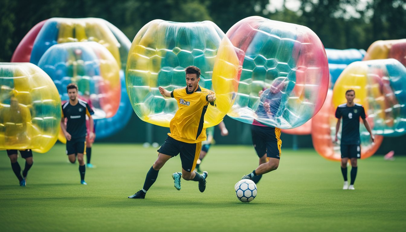 Players in bubble football wear large inflatable bubbles, bouncing and colliding while trying to score goals. Traditional football players compete on a grass field, using their feet to kick a ball towards the goal