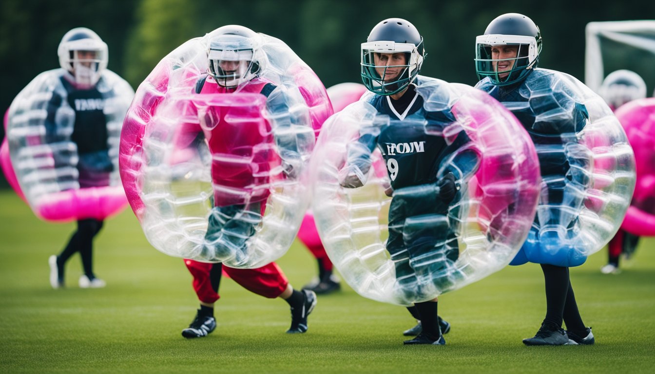 Players in bubble suits collide on a grass field while playing bubble football. In contrast, traditional football players compete without the protective bubbles