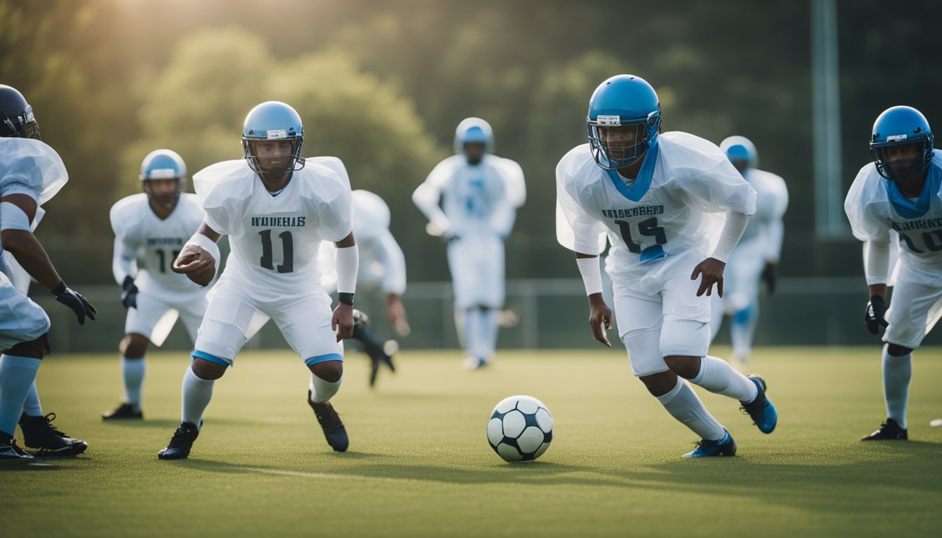 A group of players in bubble suits play football on a field, while another group plays traditional football nearby. The differences in gameplay and equipment are evident