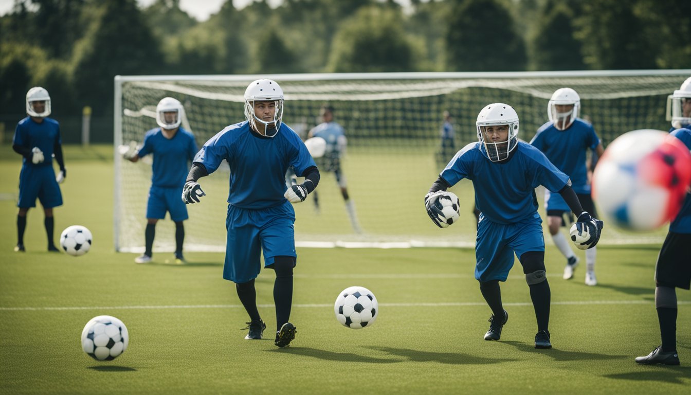 Players wearing protective gear and helmets, playing bubble football in a fenced-in, grassy field with a referee overseeing the match