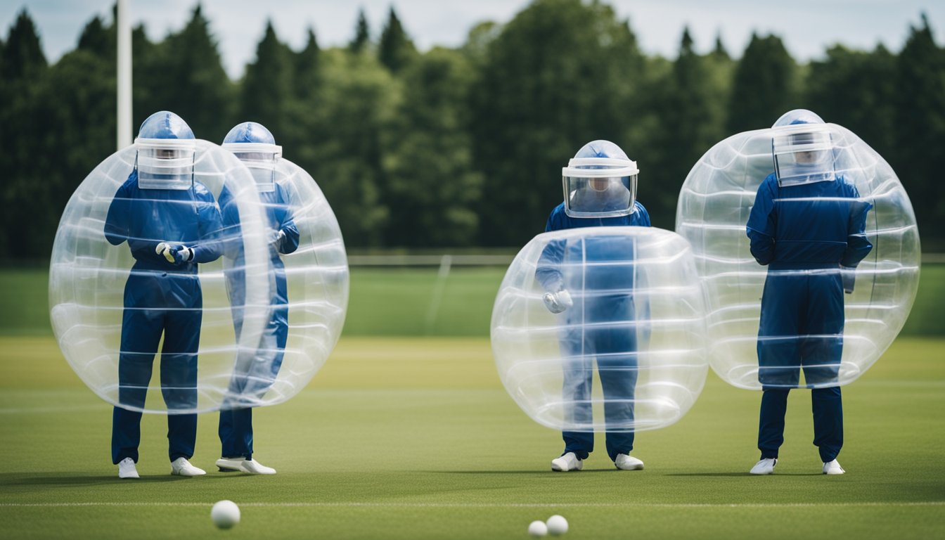 A group of players in bubble suits play a match on a grass field, following safety guidelines. Spectators watch from a safe distance