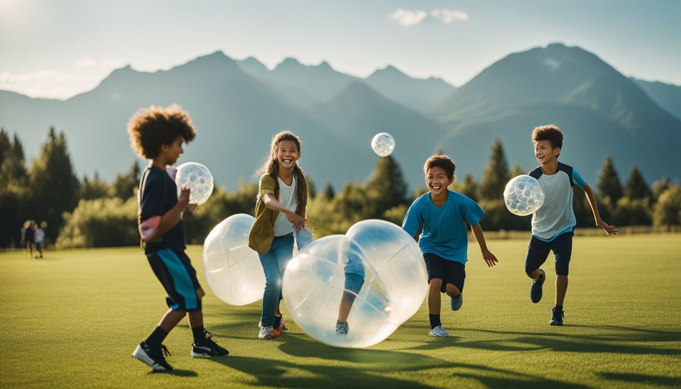 A family playing bubble football in a grassy field with mountains in the background