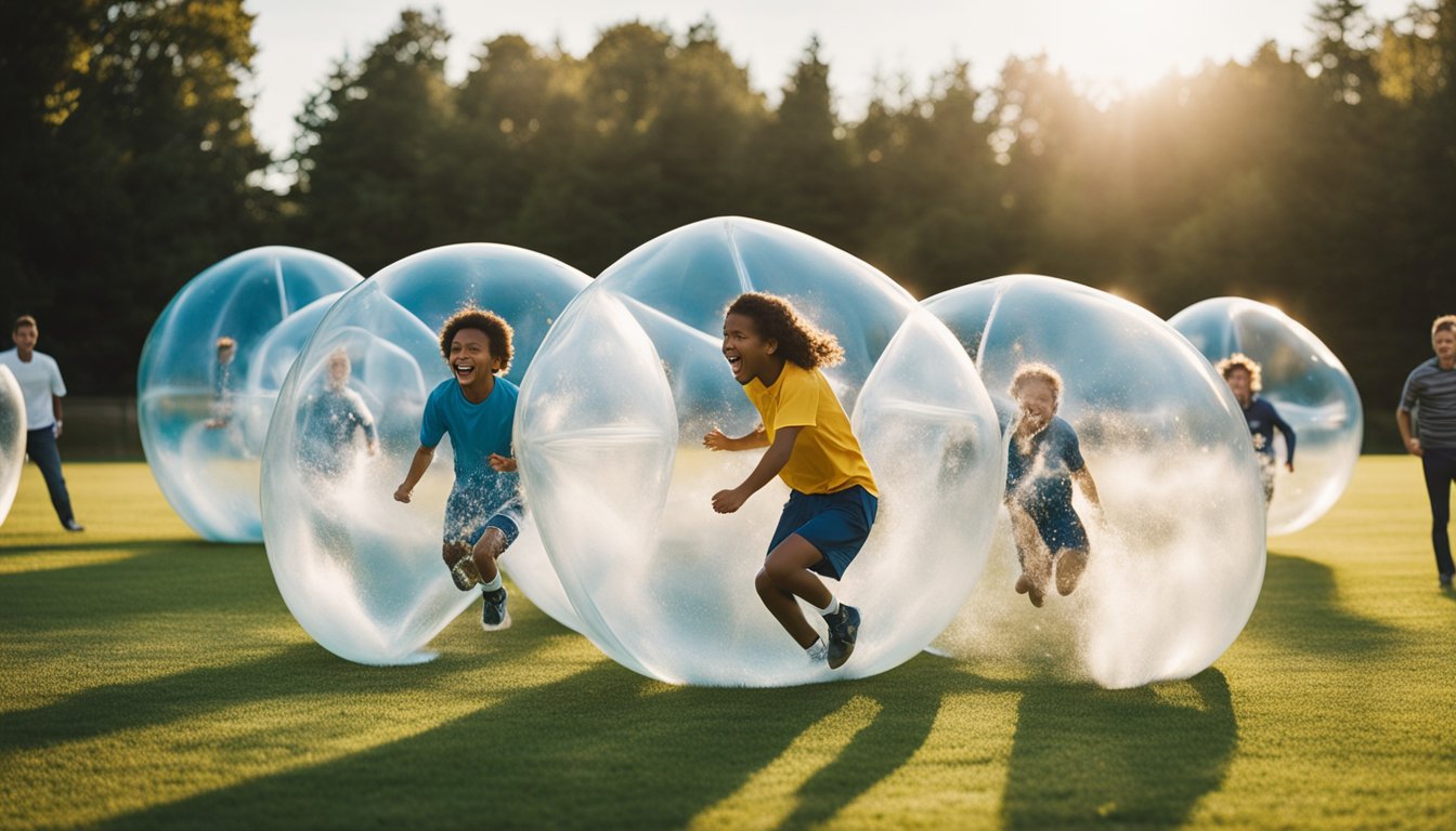 A group of players in inflatable bubbles collide and bounce around on a grassy field, while families cheer and laugh from the sidelines