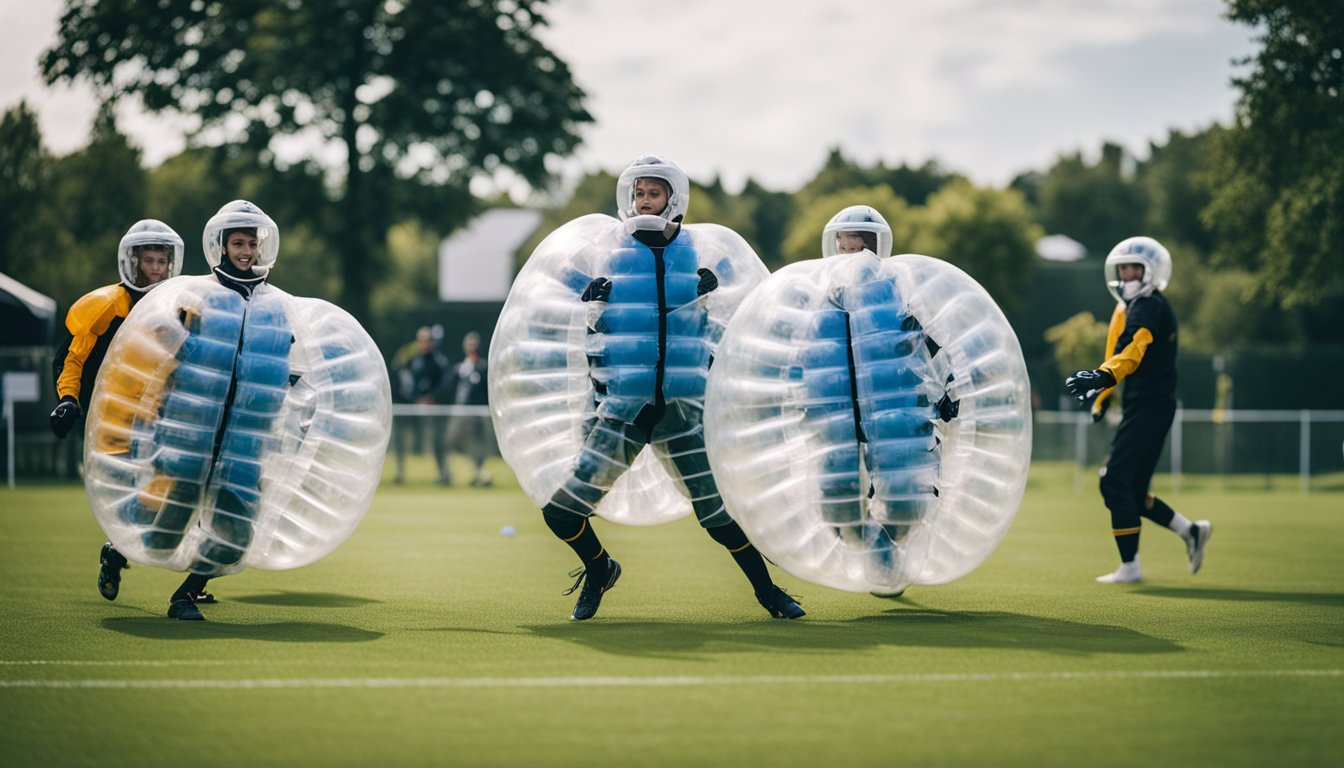 A group of players in bubble suits collide on a grass field, capturing the dynamic energy of bubble football