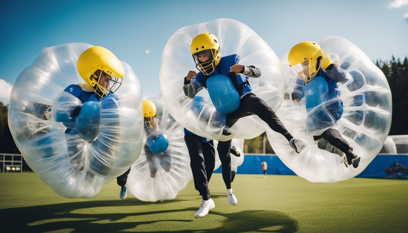 A group of players in bubble suits collide mid-air while playing bubble football, capturing the dynamic moment with a high-speed camera