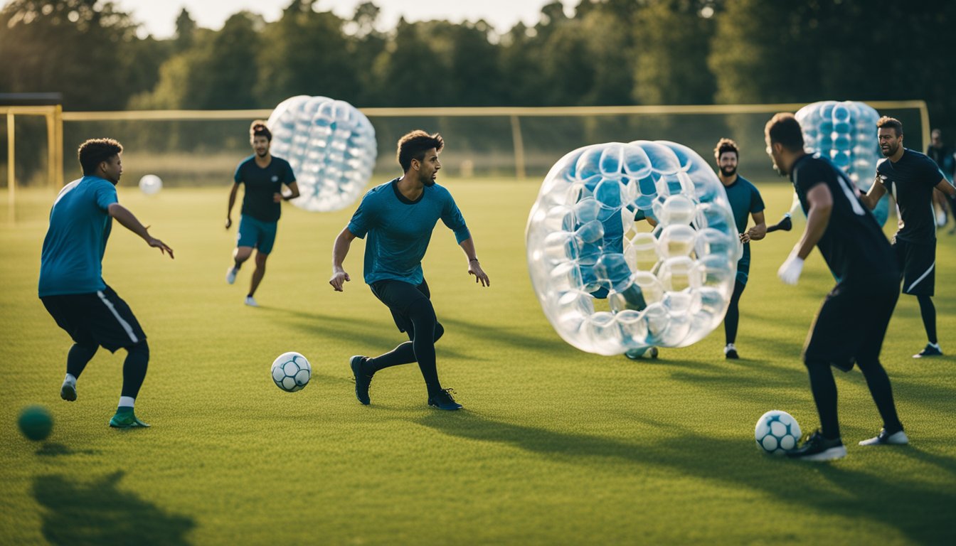 A group of people playing bubble football in a grassy field, with a photographer capturing the action from different angles and perspectives