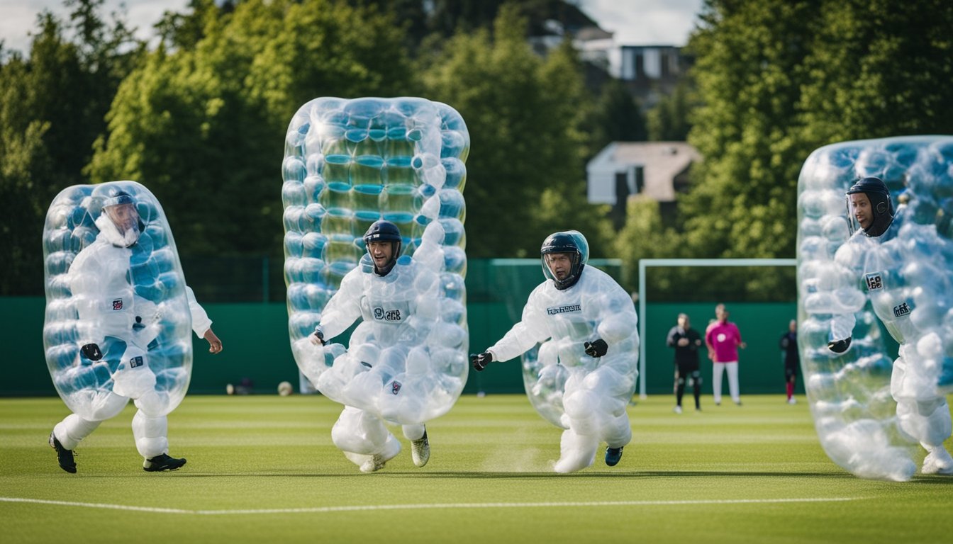 Players in bubble suits compete on a soccer field, surrounded by cheering fans. The game reflects the growing popularity of bubble football in the UK sports culture