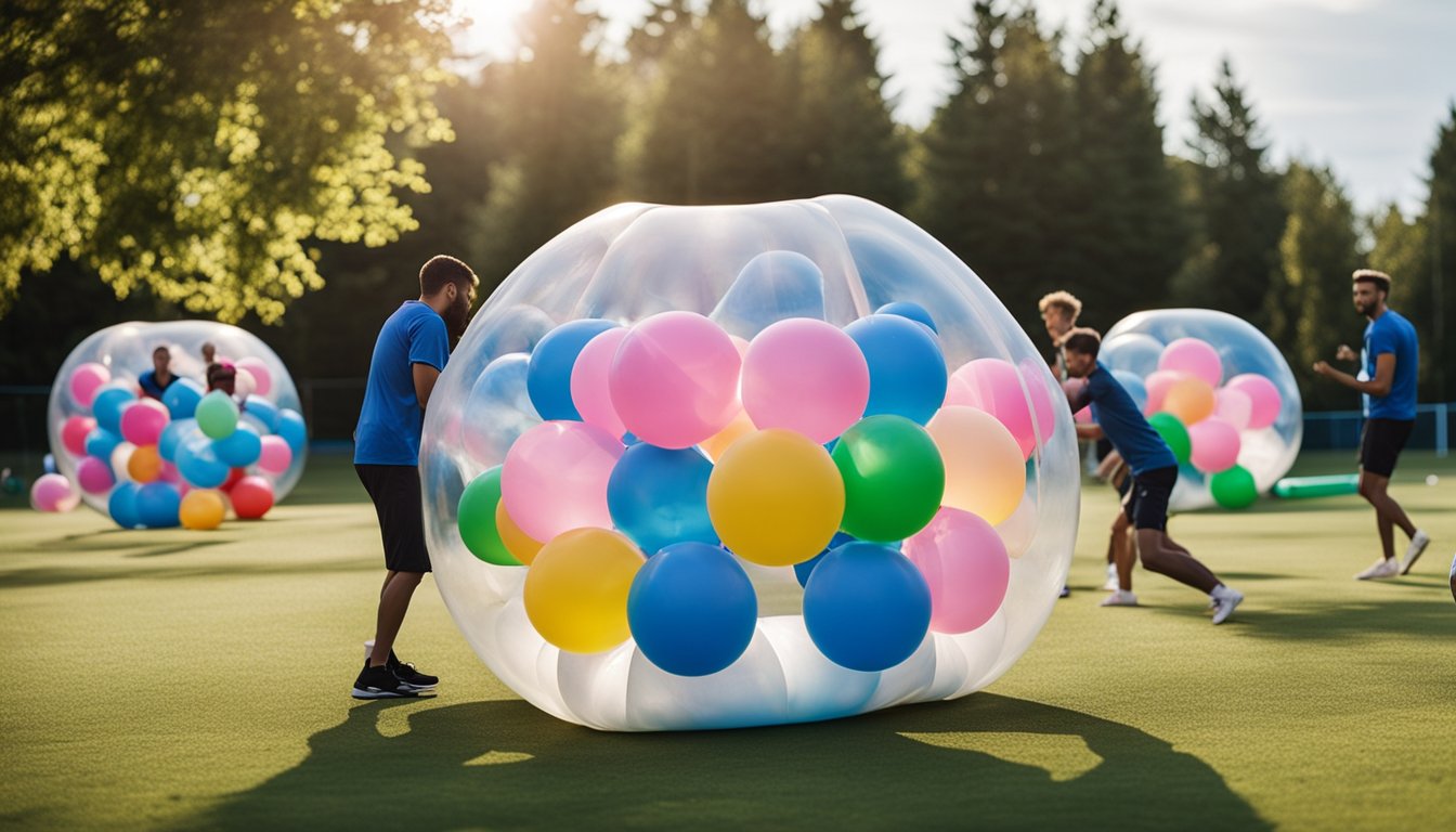 A group of people set up a bubble football field with colorful inflatable bubbles and banners for promotion and sponsorship