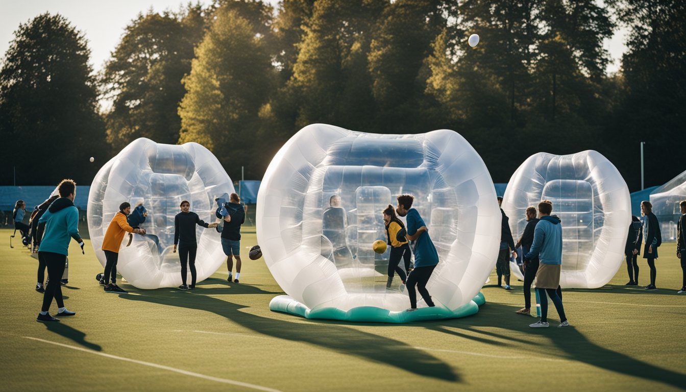 A group of people setting up a large open field with inflatable bubbles, goal posts, and signage for a bubble football tournament