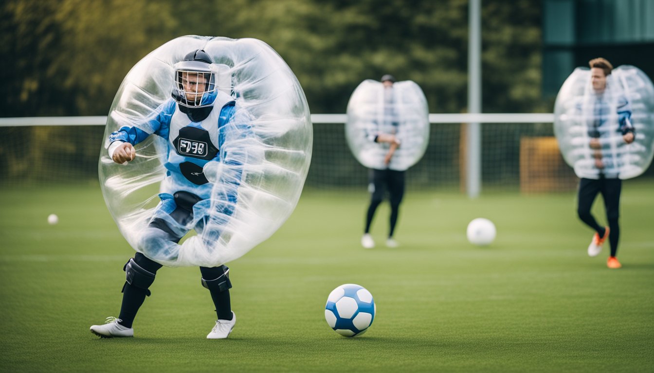 Players wearing bubble suits on a grass field, bumping into each other while playing bubble football