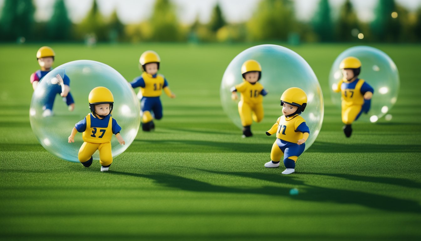 Players in bubble suits play football on a grass field, following safety rules. Referee oversees the game. Laughter and excitement fill the air