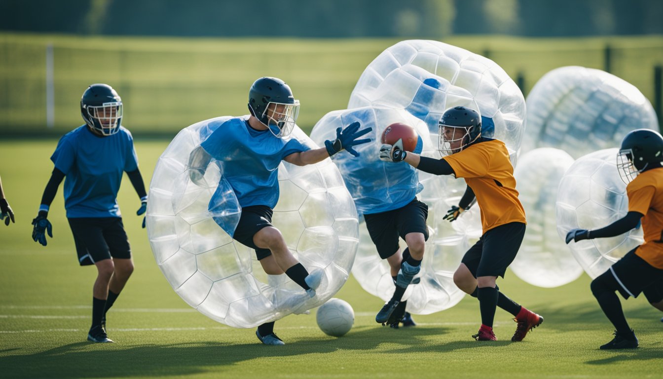 Players in bubble football gear on a field, colliding and bouncing off each other. Other sports equipment in the background for comparison