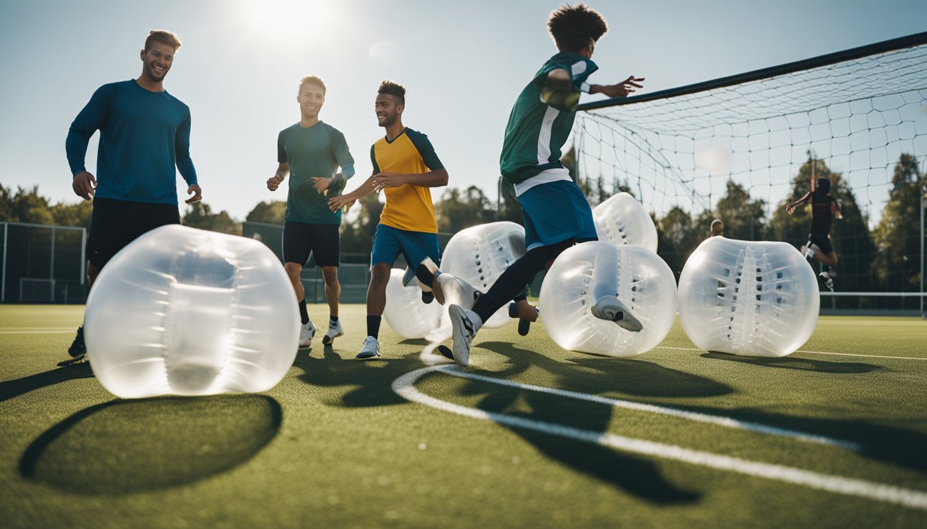 A group of people playing bubble football while other sports equipment sits nearby, showcasing the differences in gameplay and excitement