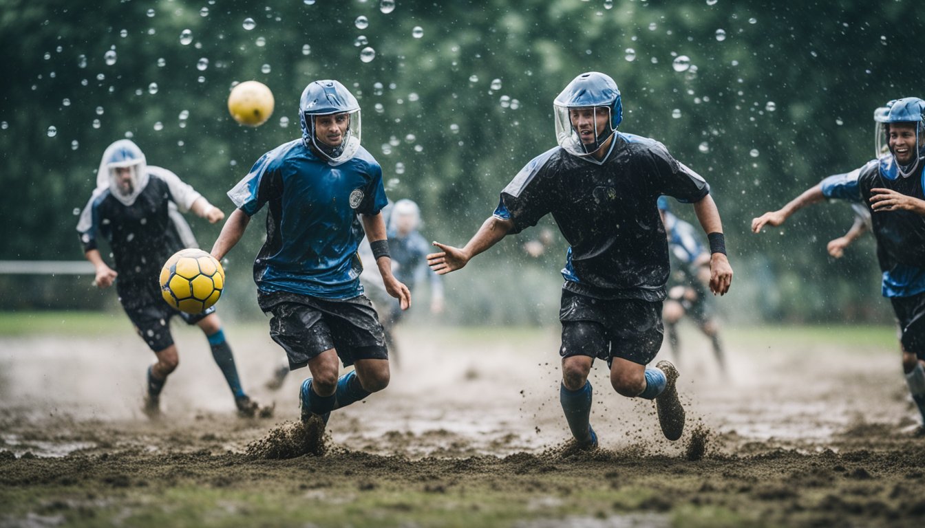 Players in bubble football gear on a muddy field, splashing through rain. A ball flies through the air as they bump into each other, creating a chaotic and thrilling match