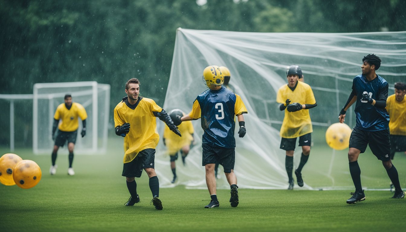 A group of players in bubble football gear play on a rain-soaked field, with excited spectators watching from the sidelines