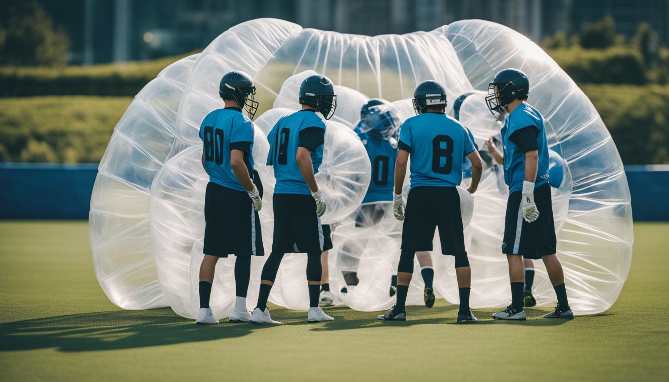 A group of players in bubble football gear strategizing on the field