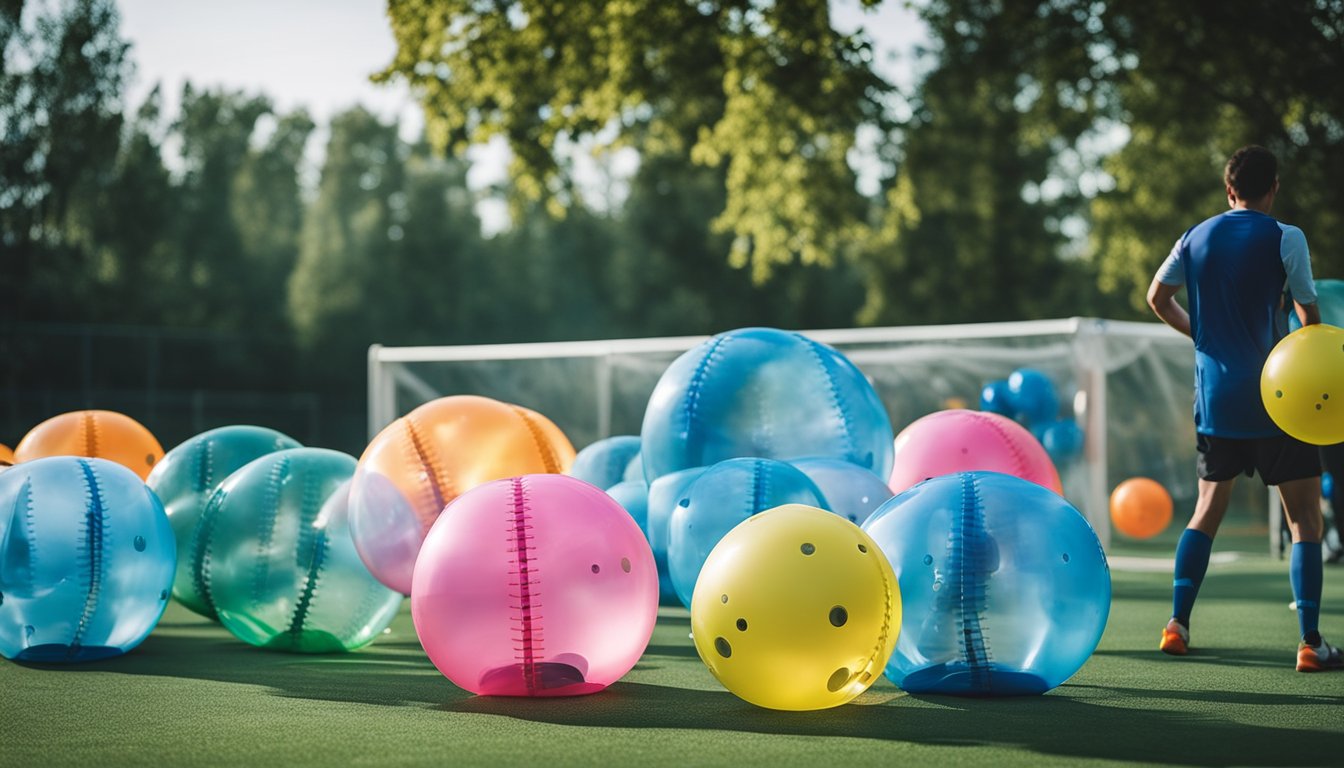 A table displaying various sizes and styles of bubble football equipment, including helmets, body suits, and inflatable bubbles