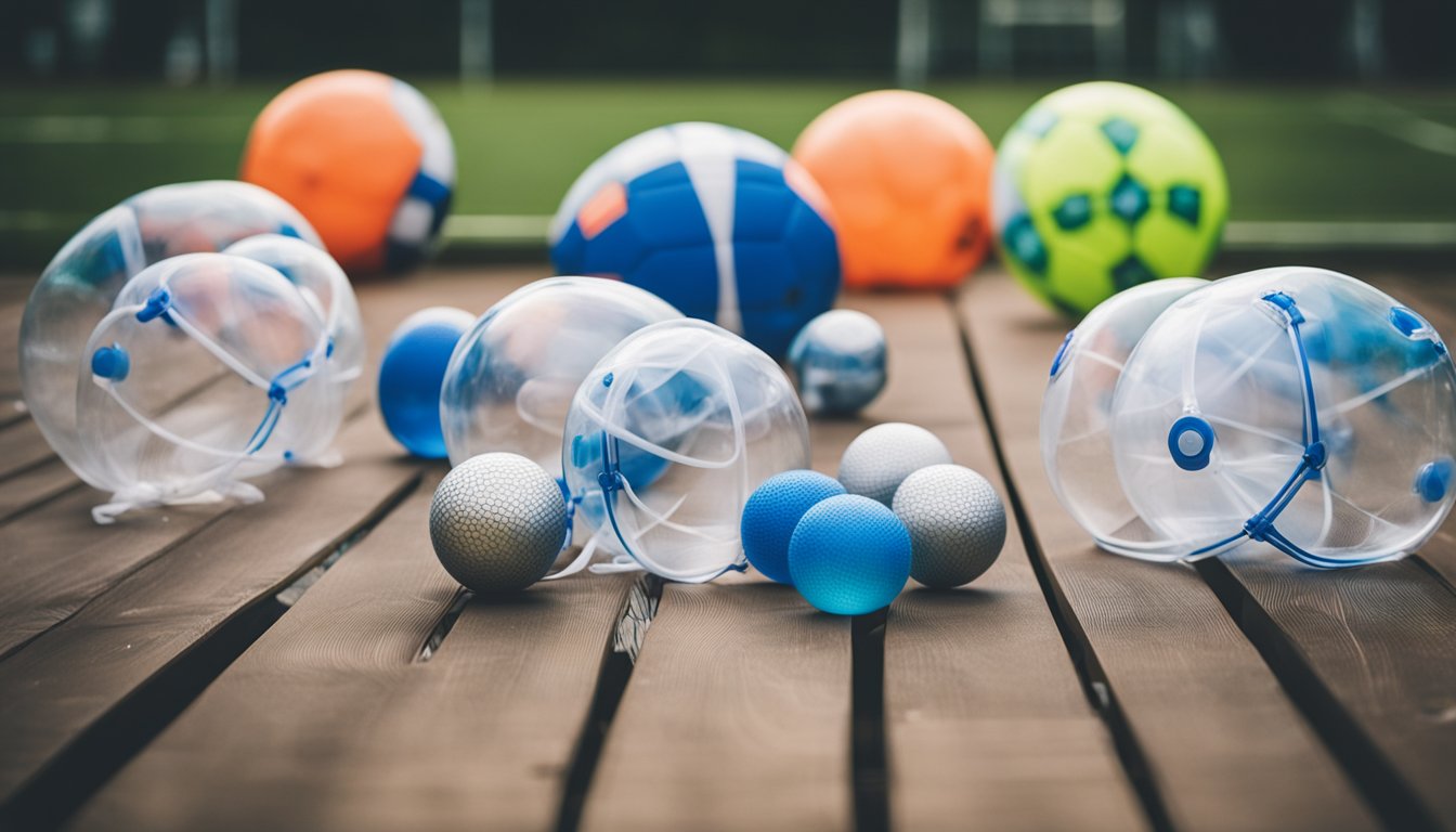 A variety of bubble football equipment laid out on a table, including different sizes of bubbles, straps, and protective gear