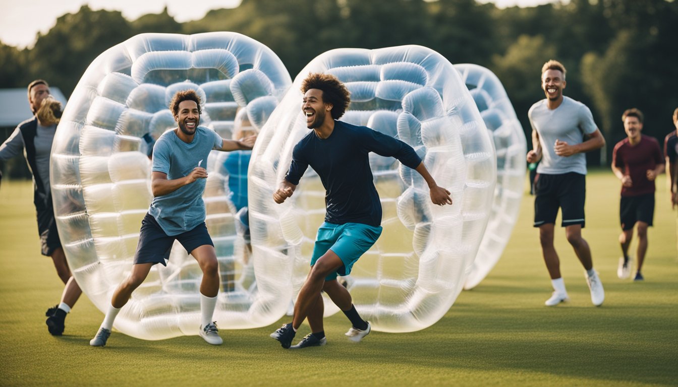 A group of people playing bubble football in a large open field, bumping into each other while laughing and having fun