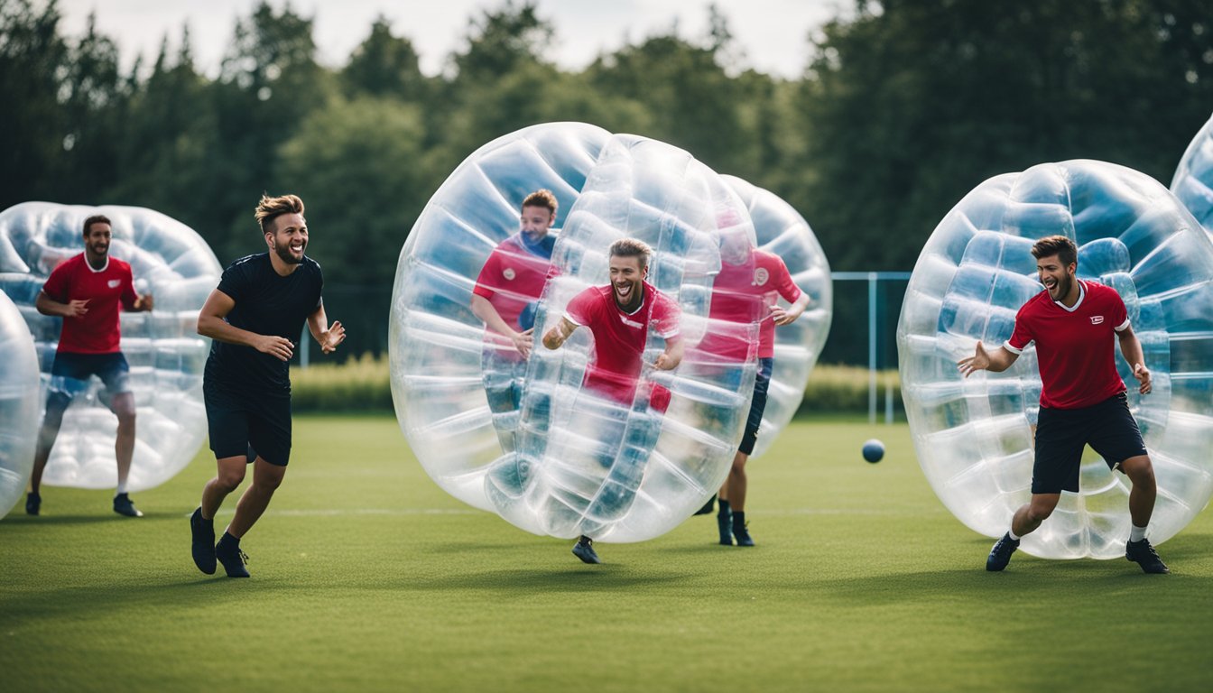 Players in inflatable bubbles on a grass field, laughing and colliding as they play bubble football for a corporate event