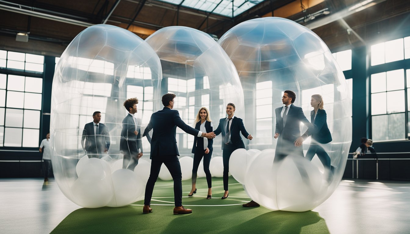 A group of people in business attire playing bubble football in a large indoor space, with corporate logos and banners in the background