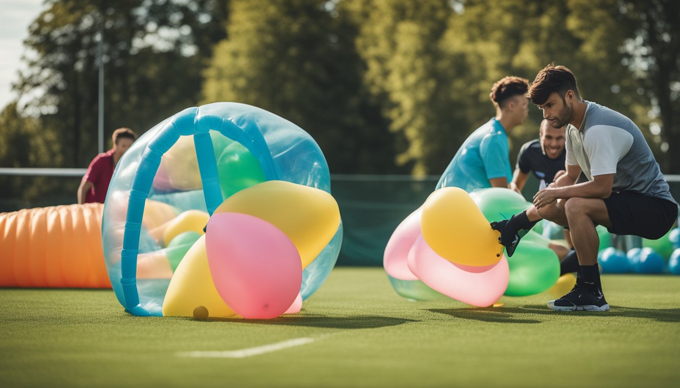 Players inflating large plastic bubbles, setting up cones and goals on grass field for bubble football game