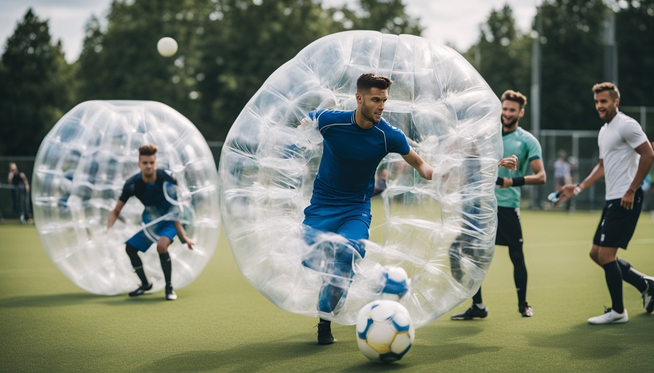 Players executing advanced bubble football tricks with precision and flair, impressing onlookers with their unconventional techniques