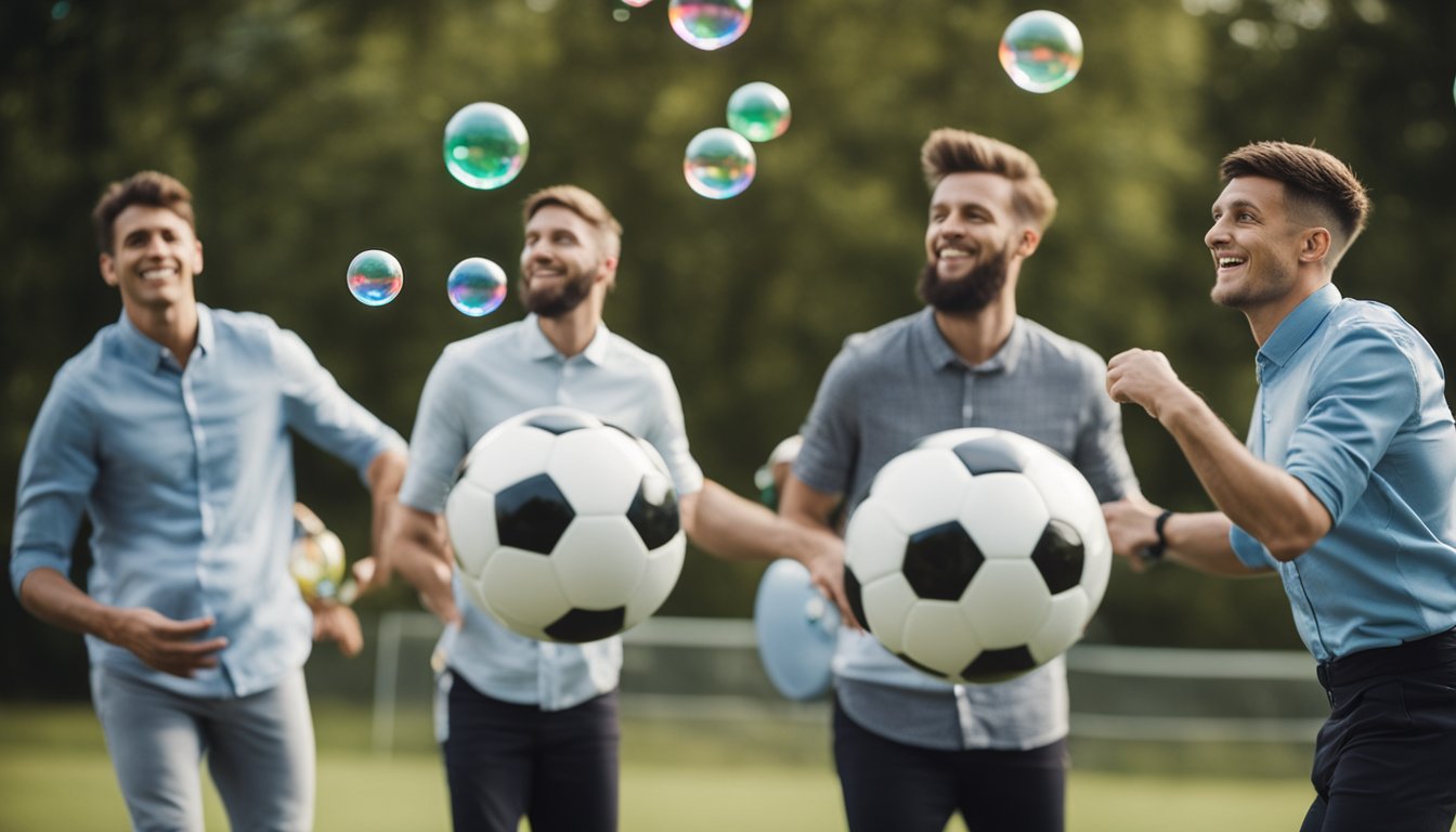 A group of bubble footballs performing unusual tricks, surrounded by impressed friends