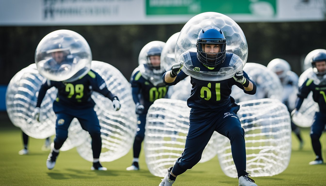 Players wearing advanced bubble suits with reinforced padding and impact-resistant materials. Upgraded helmets with improved visibility and ventilation. Enhanced safety features and durable equipment for future bubble football