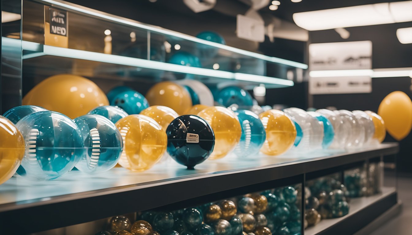 A group of bubble football accessories displayed on a futuristic, sleek, and minimalist shelf in a well-lit, modern store