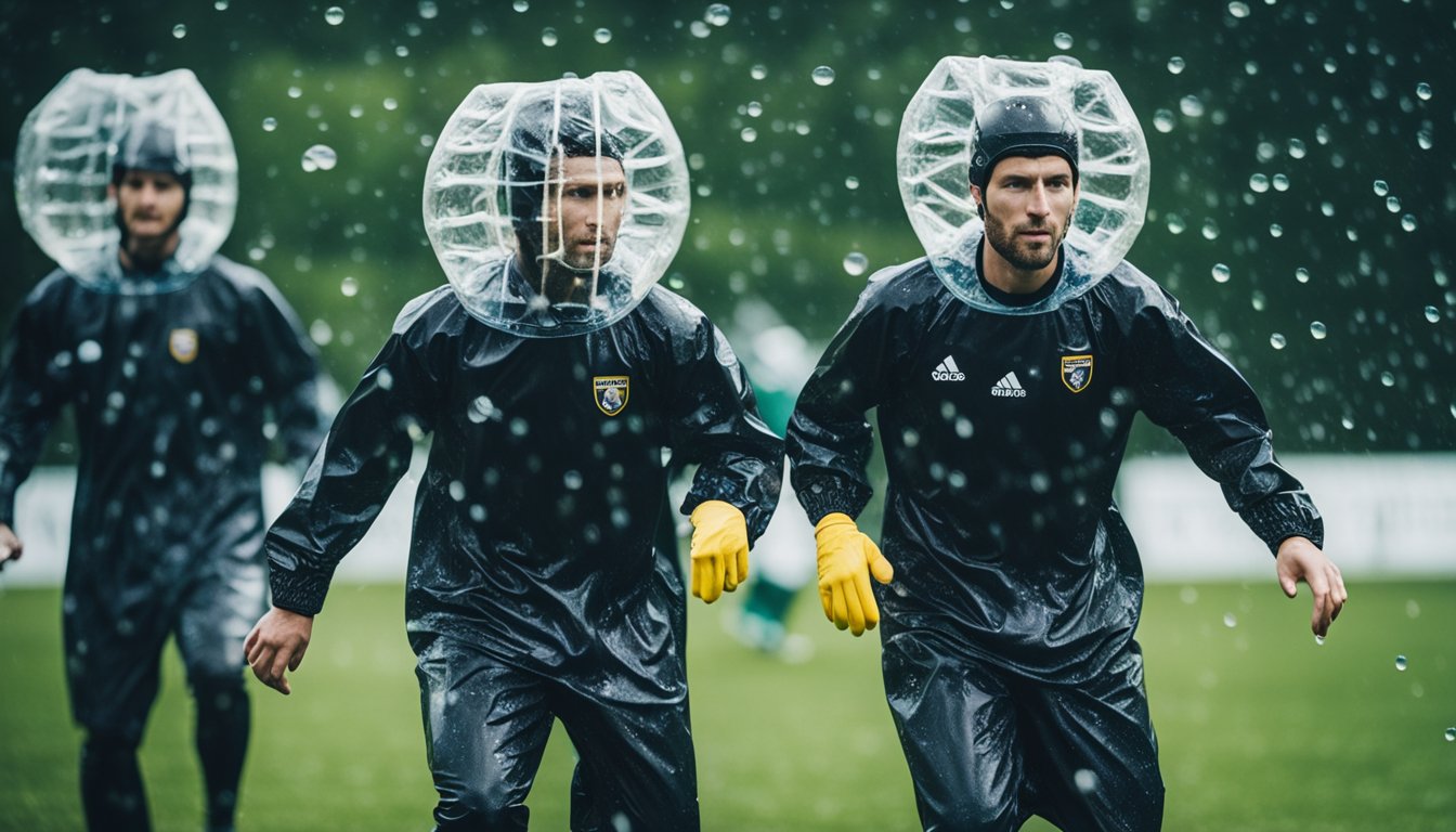 Players in bubble suits play soccer in the rain, slipping and sliding on the wet field, with water droplets splashing around them