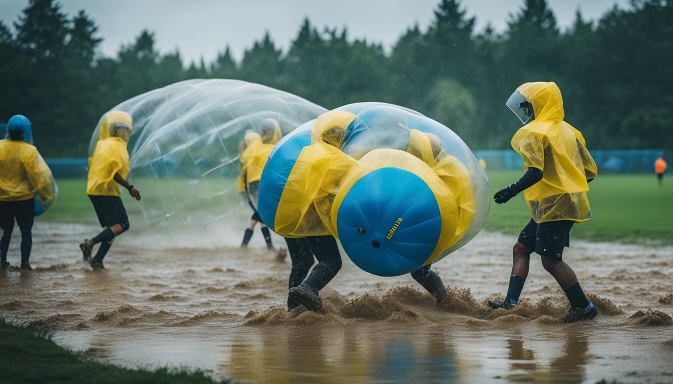 A group of players in bubble football gear navigate a muddy field under heavy rain, seeking shelter while practicing tips for beginners