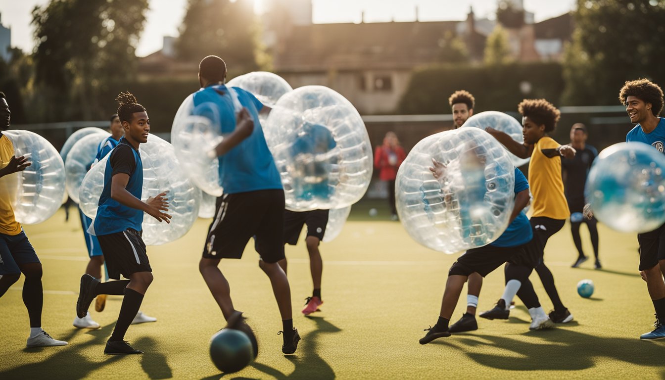 A diverse group of people playing bubble football in a vibrant, multicultural setting with traditional cultural elements in the background